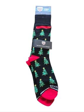 Men’s Pocket Socks Black Christmas Tree Crew Socks LARGE